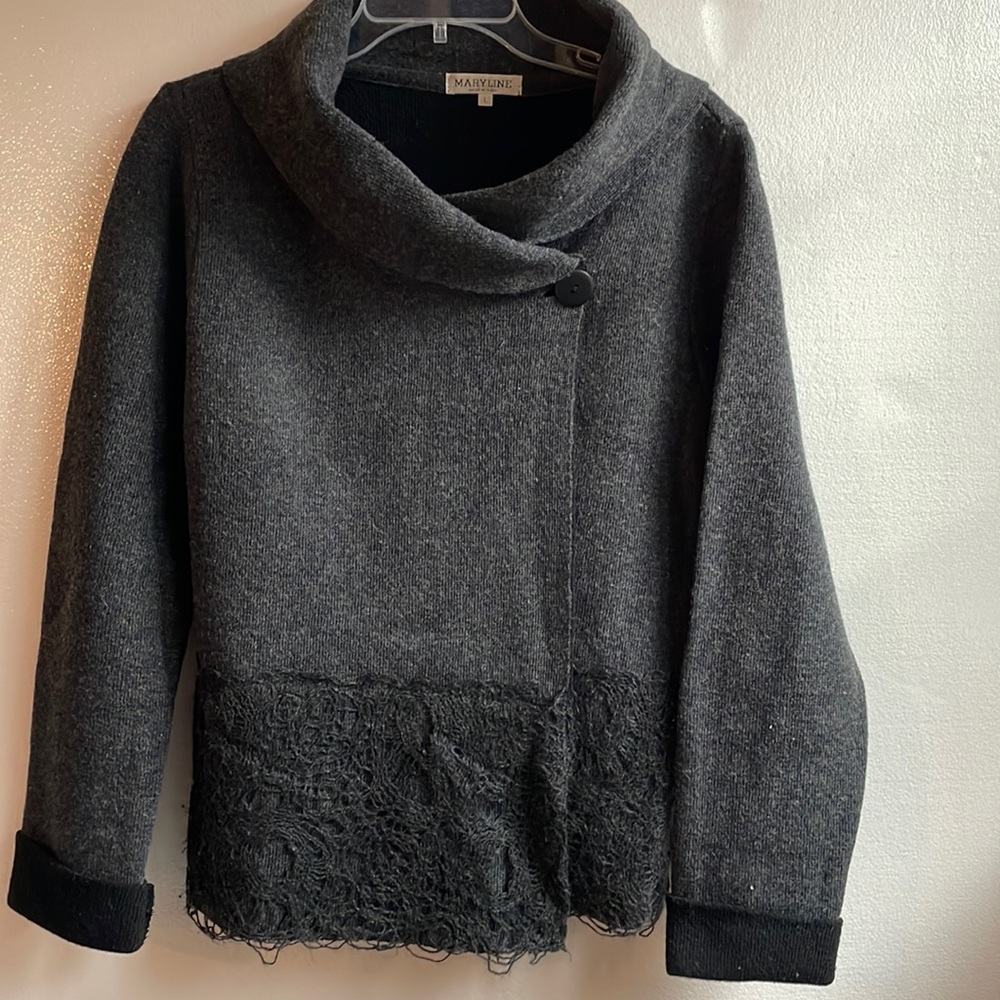 Maryline Cowl neck lace covered bottom wool blend cardigan sweater size large